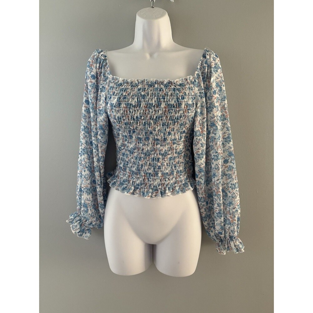 Pink Lily Milkmaid Top Size Small Blue Floral Coquette Smocked Ruffle Whimsy
